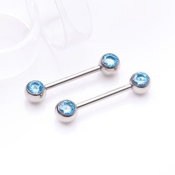 Detail View 1 of A Pair of Implant Grade Titanium Gem Ball Internally Threaded Nipple Barbell-Aqua